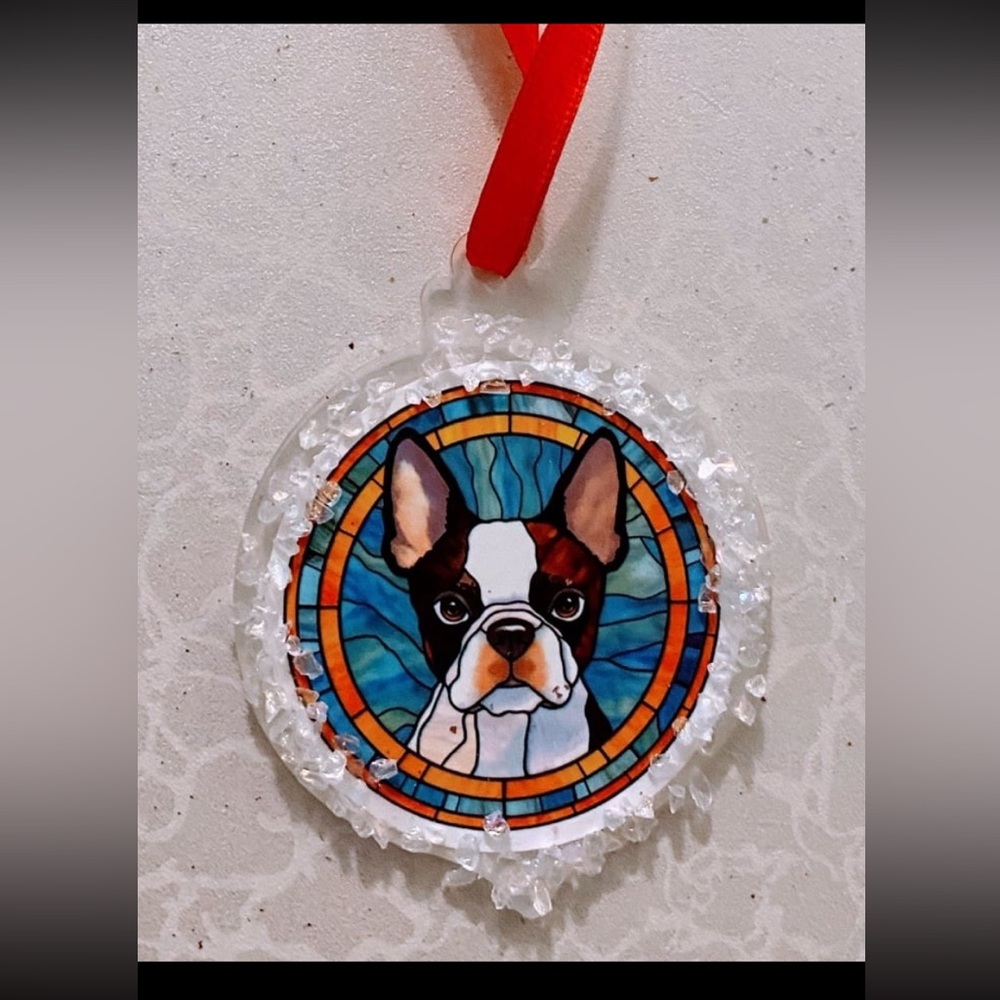 Stained Glass Boston Terrier Dog Ornament with Red Ribbon or car mirror dangle